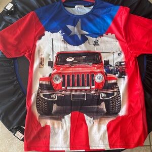 Red and Blue Graphic T-Shirt with Jeep print jersey short sleeve